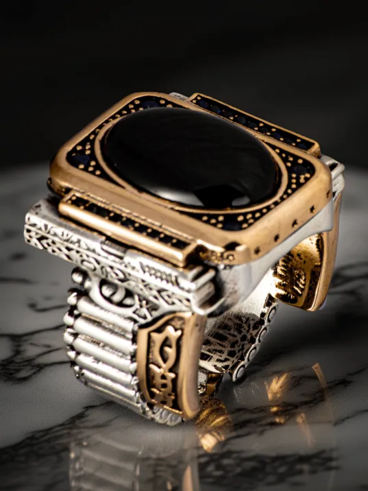 Erkek Silah Ve Kurşun Motifli Siyah Oniks Taşlı Silahtar Model 925 Ayar Gümüş Yüzük