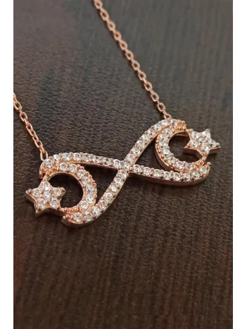 Kadın Gümüş Kolye - Rose Altın Kaplama Ayyıldız Temalı Sonsuzluk Gümüş Kolye