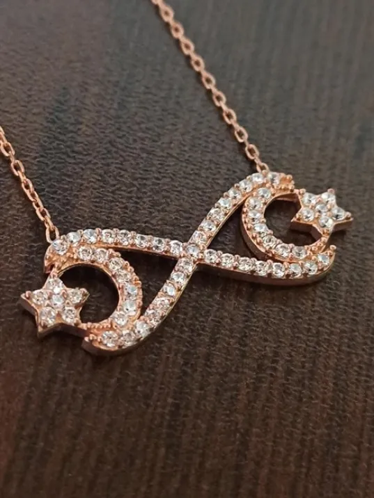 Kadın Gümüş Kolye - Rose Altın Kaplama Ayyıldız Temalı Sonsuzluk Gümüş Kolye