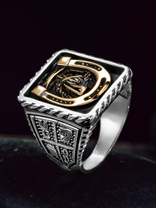 Erkek Gümüş Yüzük - Lüks Vintage At Kafası At Nalı Jokey Erkek Yüzük