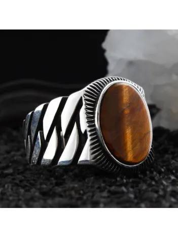 Kahverengi Kaplangözü Taşlı Özel Seri Erkek Gümüş Yüzük