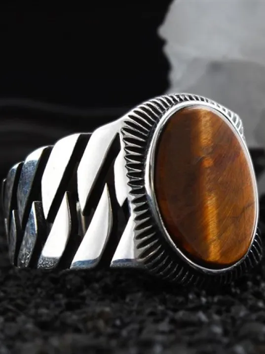 Kahverengi Kaplangözü Taşlı Özel Seri Erkek Gümüş Yüzük