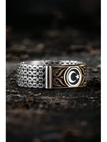 Erkek Gümüş Yüzük - Kral Zincirli Ay Yıldız İşlemeli Erkek Yüzük Erkek Gümüş Yüzük - Kral Zincirli Ay Yıldız İşlemeli Erkek Yüzük