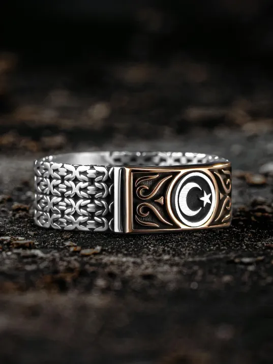 Erkek Gümüş Yüzük - Kral Zincirli Ay Yıldız İşlemeli Erkek Yüzük