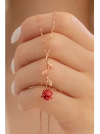 Ters Gül Model 2 Rose Renk Gümüş Kolye