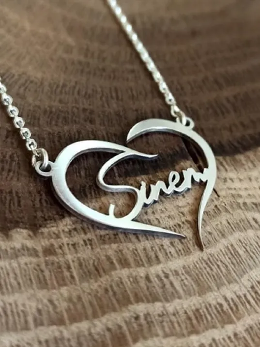 Kişiye Özel Kalp İçinde İmza İsim Yazılan Bayan Gümüş Kolye Zincir GKLGMSISIMY