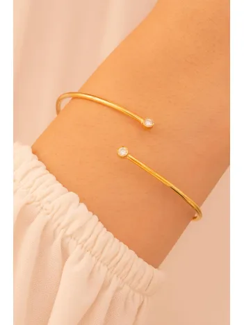 Kadın Gümüş Bileklik - Kadın Kelepçe - El Yapımı Altın Kaplama Çift Zirkon Taşlı Zarif İnce Kadın Bileklik