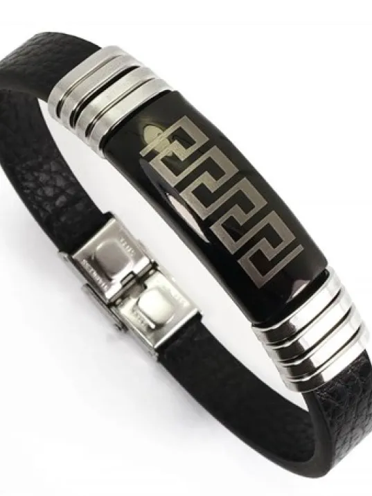 OttoMan Grek Motifli Suni Deri Çelik Erkek Bileklik