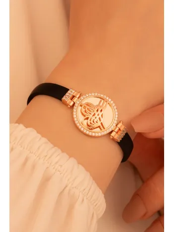 Kadın Gümüş Bileklik - Zirkon Taşlı Rose Renk Osmanlı Tuğralı Kadın Gümüş Bileklik