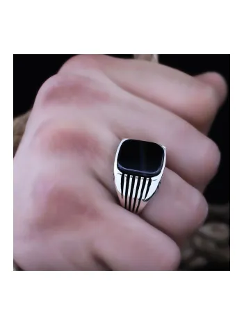 Siyah Oniks Taşlı Sade Özel Seri Erkek Gümüş Yüzük - Ey3091
