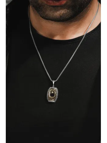 Erkek Gümüş Kolye - Kehribar Ay Yıldız İşlemeli Erkek Gümüş Kolye