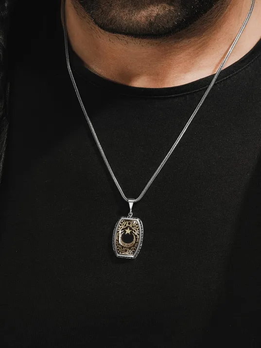 Erkek Gümüş Kolye - Kehribar Ay Yıldız İşlemeli Erkek Gümüş Kolye Erkek Gümüş Kolye - Kehribar Ay Yıldız İşlemeli Erkek Gümüş Kolye