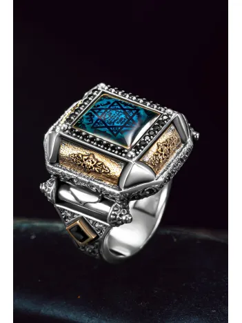 Erkek Gümüş Yüzük - Kehribar Taşı Süleyman Mührü İşlemeli Kare Model Erkek Yüzük