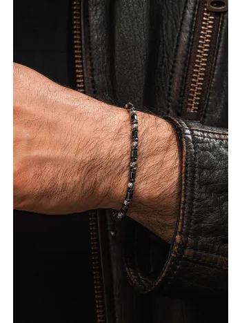 Siyah Hematit Taşlı Gümüş Detaylı Ayarlanabilir Erkek İp Bileklik - Model 4