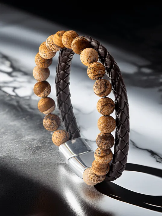 Erkek Doğal Taş Bileklik - Deri Örgü Jasper Doğal Taş Erkek Künye