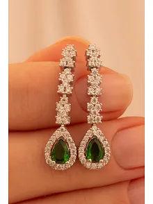 Kadın Gümüş Küpe - Peri Zümrüt Taşlı Damla Model Kadın Küpe