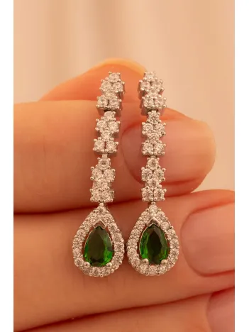 Kadın Gümüş Küpe - Peri Zümrüt Taşlı Damla Model Kadın Küpe