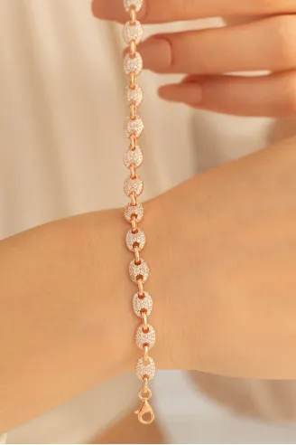 Kadın Gümüş Bileklik - Full Rose Altın Kaplama Zirkon Taşlı Gemici Model Gümüş Bileklik