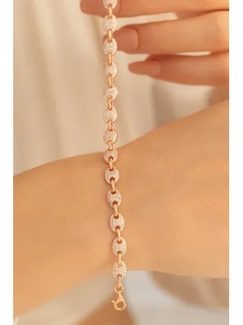 Kadın Gümüş Bileklik - Full Rose Altın Kaplama Zirkon Taşlı Gemici Model Gümüş Bileklik