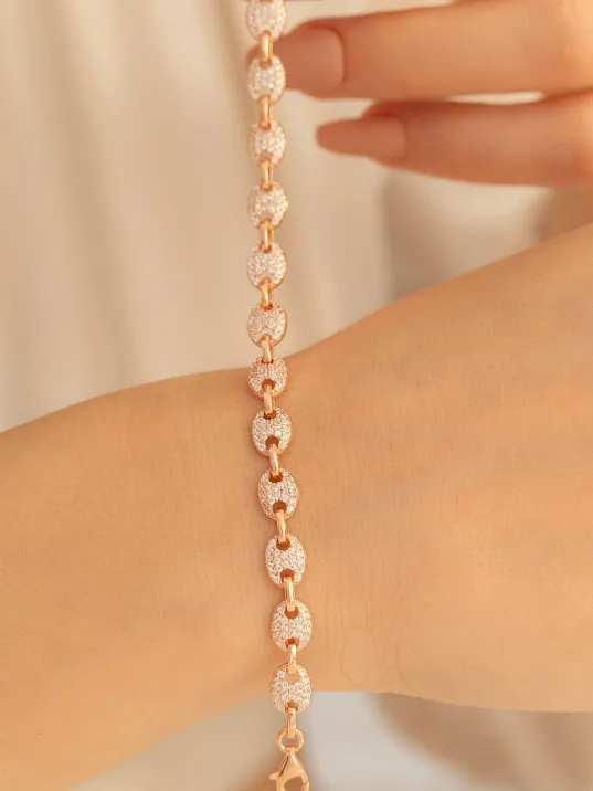 Kadın Gümüş Bileklik - Full Rose Altın Kaplama Zirkon Taşlı Gemici Model Gümüş Bileklik Kadın Gümüş Bileklik - Full Rose Altın Kaplama Zirkon Taşlı Gemici Model Gümüş Bileklik