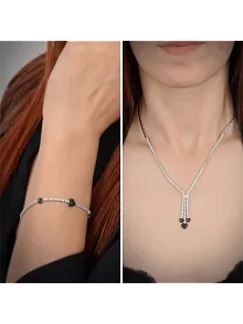 Şıla Kalp Motifli 925 Ayar Gümüş Su Yolu Set - Kolye, Bileklik - GTSKALPSET1-GMS