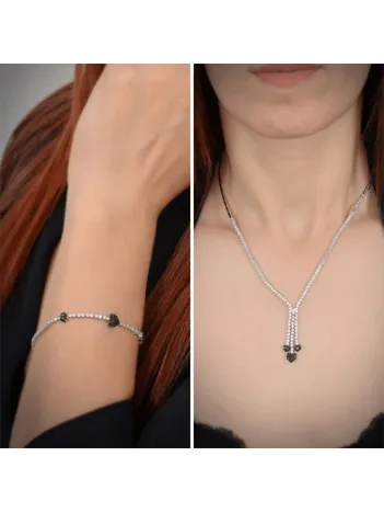 Şıla Kalp Motifli 925 Ayar Gümüş Su Yolu Set - Kolye, Bileklik - GTSKALPSET1-GMS