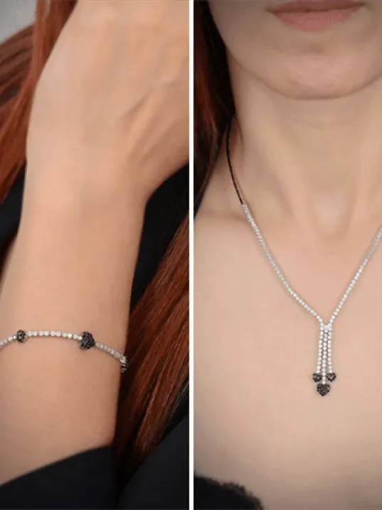 Şıla Kalp Motifli 925 Ayar Gümüş Su Yolu Set - Kolye, Bileklik - GTSKALPSET1-GMS