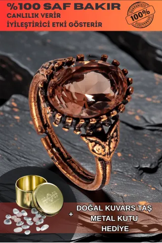 Kadın Bakır Yüzük - Zultanit Taşı Mekik Ağaç Kabuğu Model İnce Metal Kutu Kuvars Taşlı Yüzük