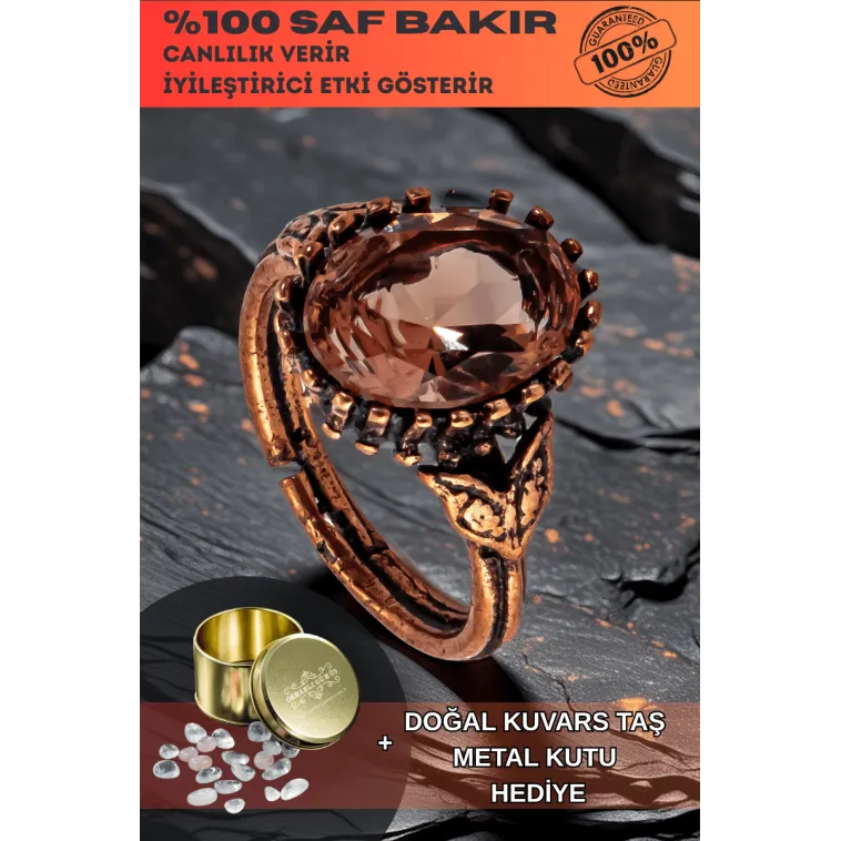 Kadın Bakır Yüzük - Zultanit Taşı Mekik Ağaç Kabuğu Model İnce Metal Kutu Kuvars Taşlı Yüzük