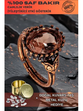 Kadın Bakır Yüzük - Zultanit Taşı Mekik Ağaç Kabuğu Model İnce Metal Kutu Kuvars Taşlı Yüzük