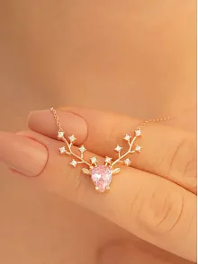 Kadın Gümüş Kolye - Pembe Taşlı Geyik Kafası Motifli Rose Altın Kaplama Gümüş Kolye