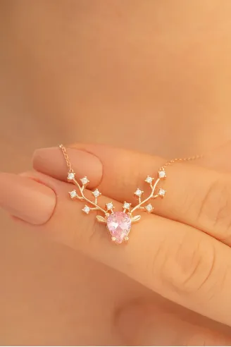Kadın Gümüş Kolye - Pembe Taşlı Geyik Kafası Motifli Rose Altın Kaplama Gümüş Kolye