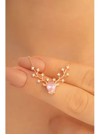 Kadın Gümüş Kolye - Pembe Taşlı Geyik Kafası Motifli Rose Altın Kaplama Gümüş Kolye