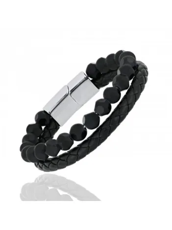 Doğal Taşlı Faset Oniks Deri Kordonlu Bileklik DKLSYHFASET