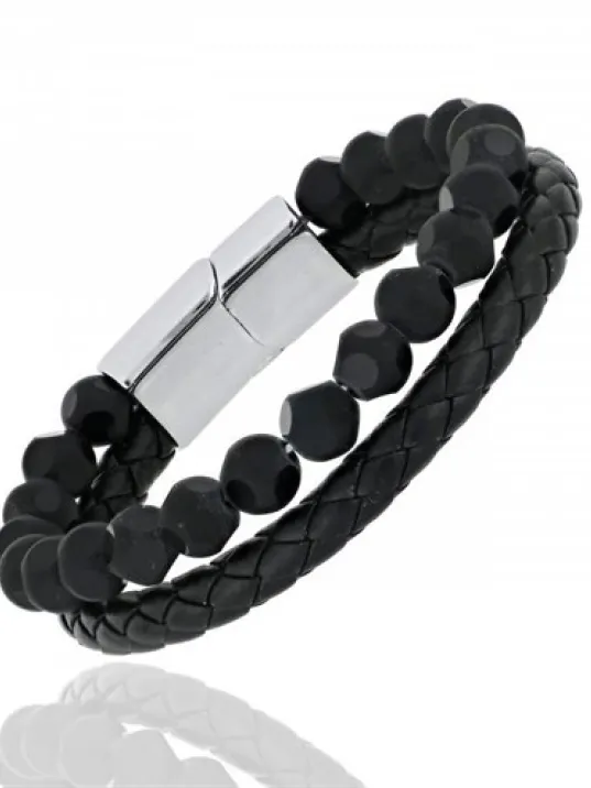 Doğal Taşlı Faset Oniks Deri Kordonlu Bileklik DKLSYHFASET