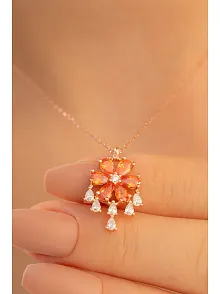 Kadın Gümüş Kolye - Zirkon Taşlı Turuncu Çiçek Motifli Rose Altın Kaplama Gümüş Kolye