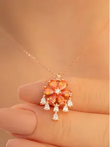 Kadın Gümüş Kolye - Zirkon Taşlı Turuncu Çiçek Motifli Rose Altın Kaplama Gümüş Kolye