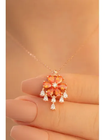Kadın Gümüş Kolye - Zirkon Taşlı Turuncu Çiçek Motifli Rose Altın Kaplama Gümüş Kolye
