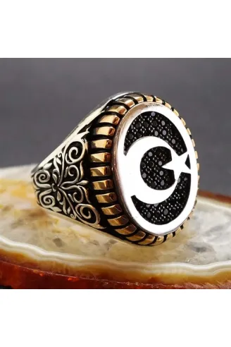 Nano Taşlı Ay Yıldız Erkek Gümüş Yüzük
