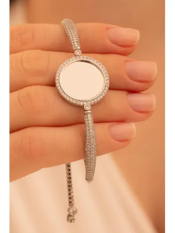 Kadın Gümüş Bileklik - İsim Yazılabilir Yuvarlak Plaka Asansörlü Kadın Bileklik