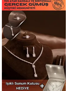 Kadın Gümüş Takı Seti - Ayfer Baget Taşlı Kare Model Kolye, Bileklik, Yüzük, Küpe Tam Set