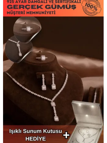 Kadın Gümüş Takı Seti - Ayfer Baget Taşlı Kare Model Kolye, Bileklik, Yüzük, Küpe Tam Set