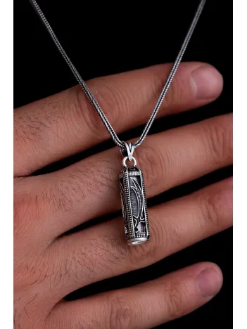 Zülfikar İşlemeli Erkek Gümüş Cevşen Muska Kolye Zincir