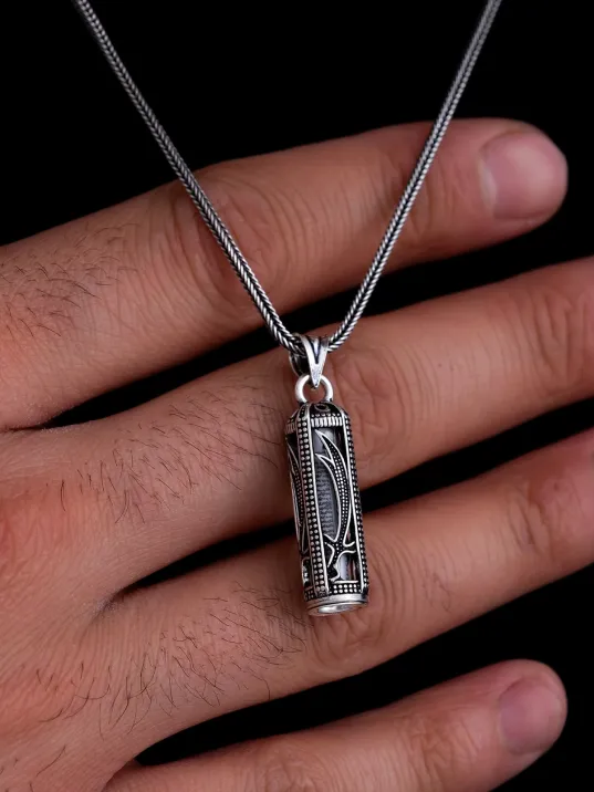 Zülfikar İşlemeli Erkek Gümüş Cevşen Muska Kolye Zincir