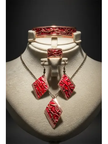 Kadın Bakır Set - Kırmızı Tutkunun Rengi Model Bakır Kadın Kolye Bileklik Yüzük Küpe Set