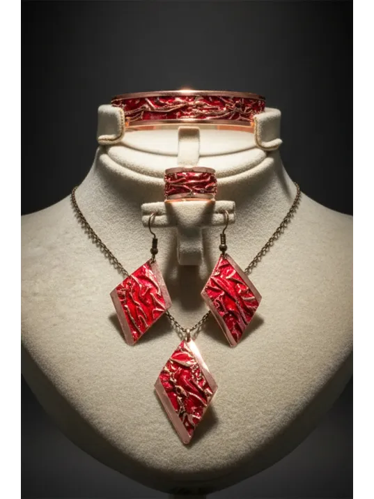 Kadın Bakır Set - Kırmızı Tutkunun Rengi Model Bakır Kadın Kolye Bileklik Yüzük Küpe Set