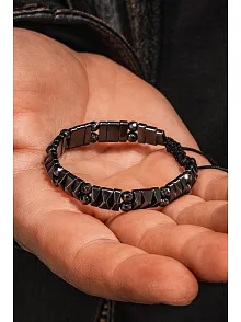 Erkek Kadın Doğal Taş Bileklik - Siyah Hematit Doğal Taşlı Makrome Yuvarlak Model 2 Unisex Bileklik