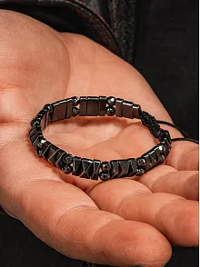 Erkek Kadın Doğal Taş Bileklik - Siyah Hematit Doğal Taşlı Makrome Yuvarlak Model 2 Unisex Bileklik