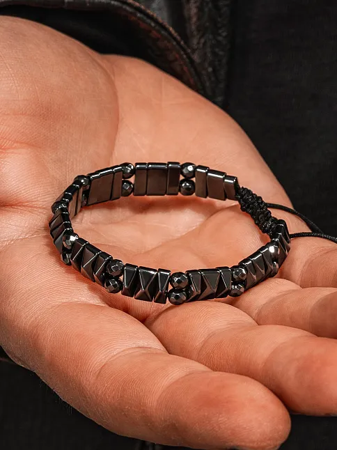 Erkek Kadın Doğal Taş Bileklik - Siyah Hematit Doğal Taşlı Makrome Yuvarlak Model 2 Unisex Bileklik