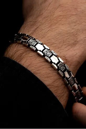 Erkek Gümüş Bileklik - Petek Şeritli Etnik Model Gümüş Bileklik Künye